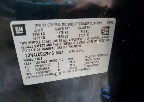 2017 Chevrolet Equinox Lt z USA, uszkodzony, nr VIN 2GNALCEK2H1516021